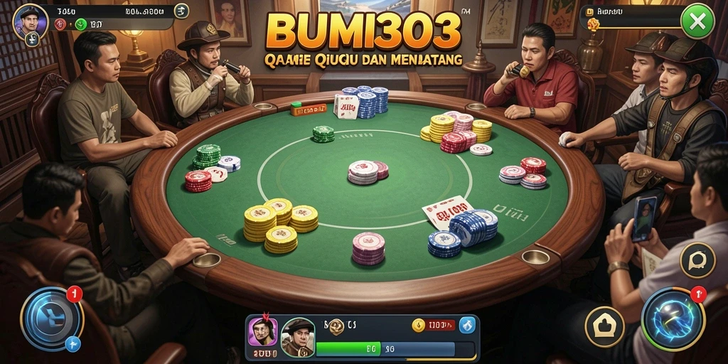 Tangkapan layar BUMI303 menampilkan pertandingan QiuQiu yang seru dan penuh aksi.