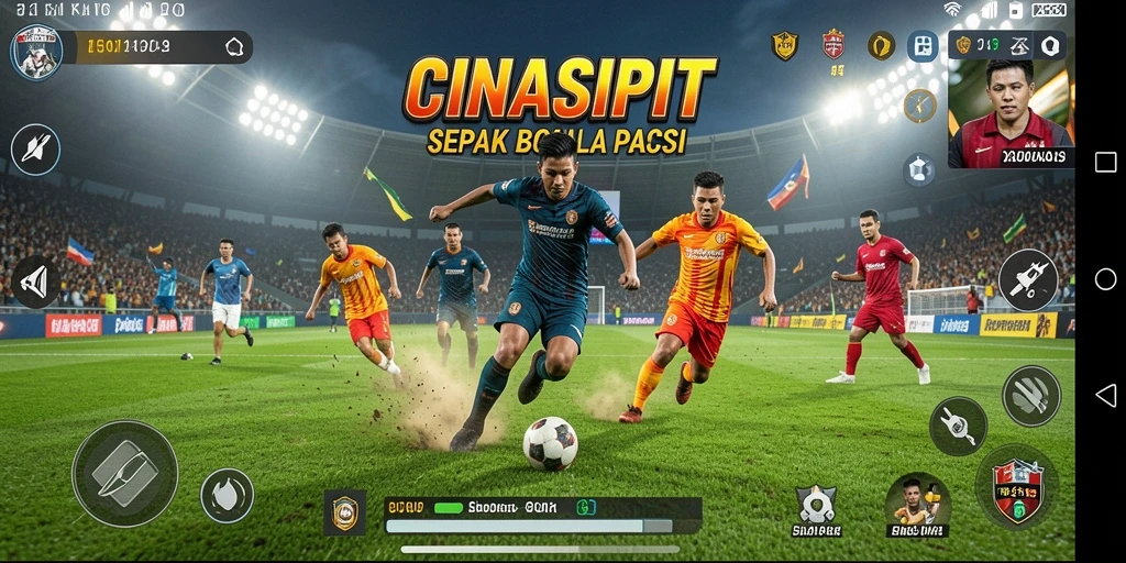 Tampilan gameplay CINASIPIT dengan aksi sepak bola yang mendebarkan.