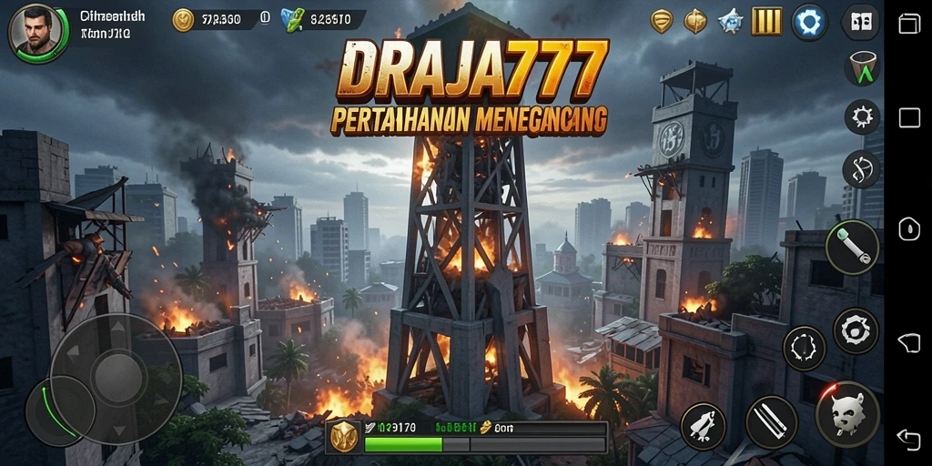 Screenshot DRAJA777 menunjukkan aksi pertahanan menara yang intens dan seru.
