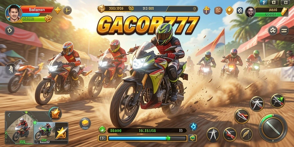 Screenshot gameplay GACOR777 yang menampilkan balapan motor mendebarkan dan grafis luar biasa.