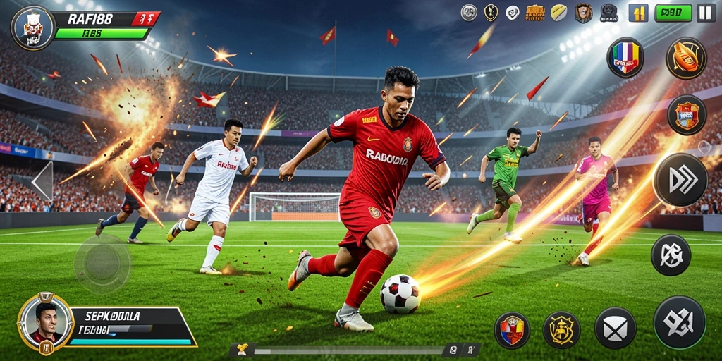 Gambaran layar gameplay RAFI88 dengan aksi di lapangan sepak bola.
