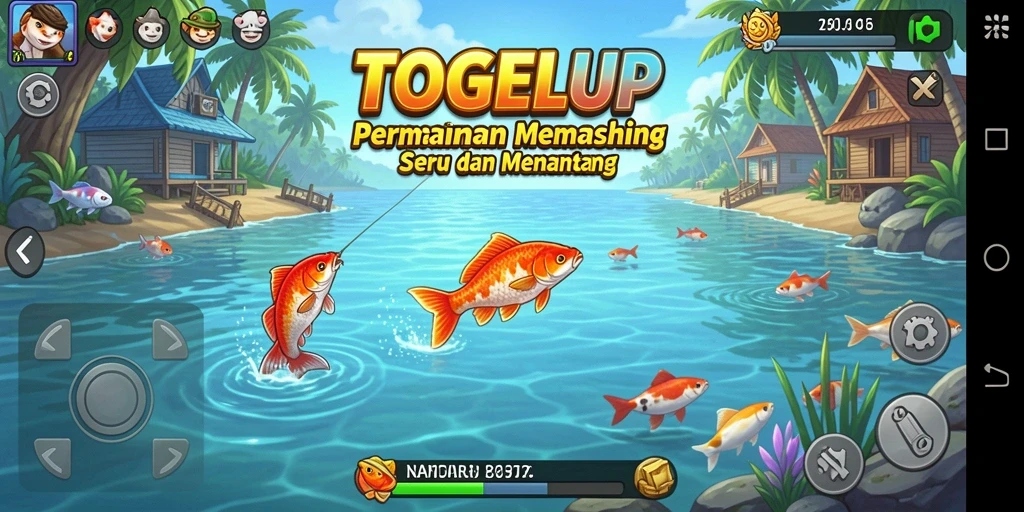 Screeshot gameplay TOGELUP menampilkan pemain yang menangkap ikan besar di danau.